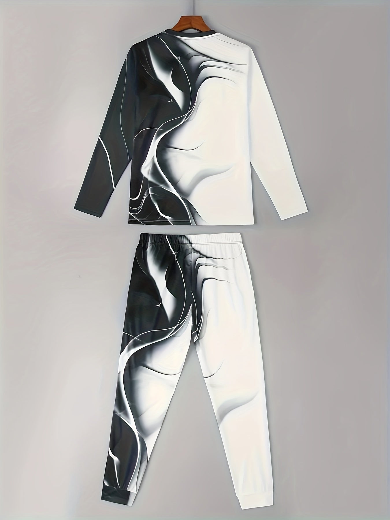 Black And White Men's Casual Crew Neck Long Sleeve T-Shirt And Drawstring Sweatpants