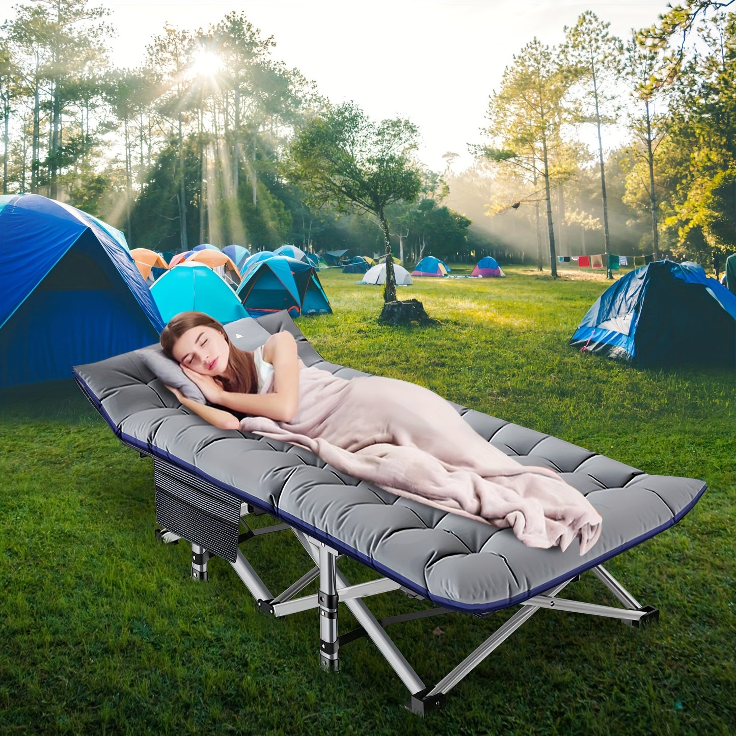 Folding Camping Cot Bed With 2-Side Mattress,