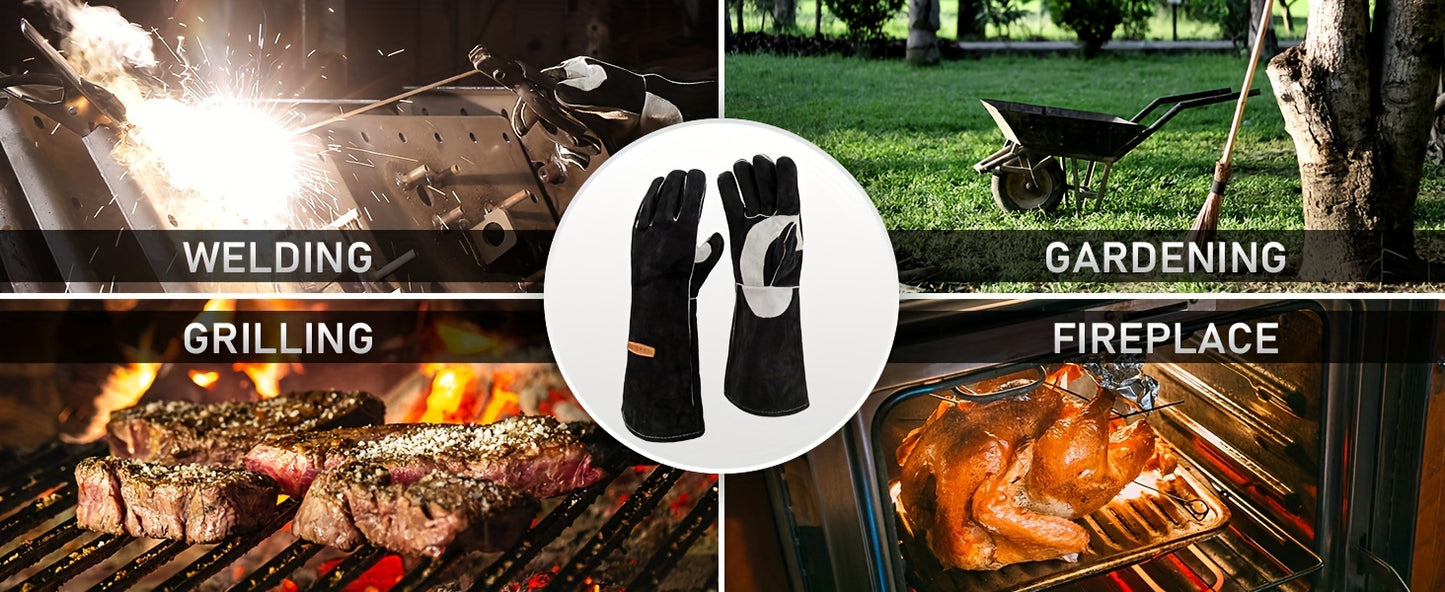 Heat Resistant Leather Work Gloves, BBQ, Kitchen