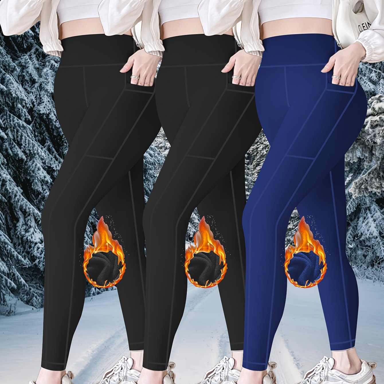 Ladies High Waist Plus Fleece Casual Leggings, 3-piece Set Leggings.