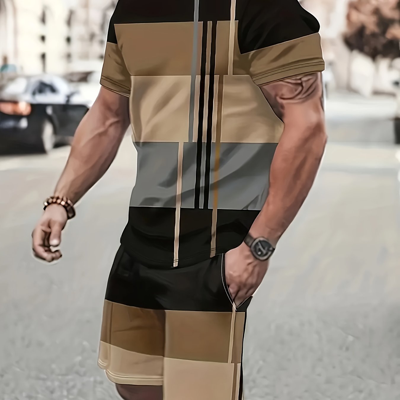 Plus size 2-piece men's short sleeved round neck T-shirt and drawstring shorts