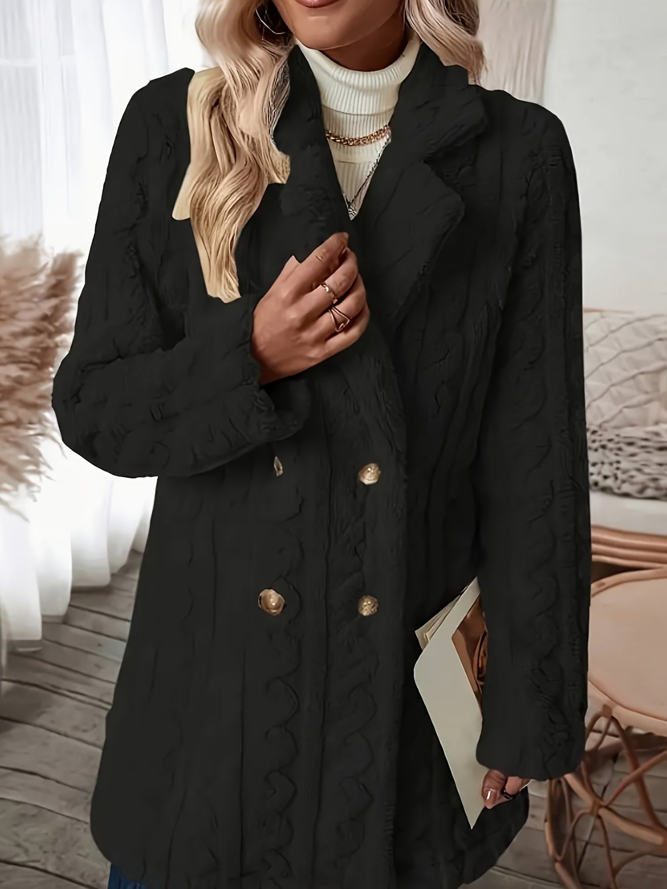 Elegant Women's Black Double-Breasted Coat with Faux Fur Collar.
