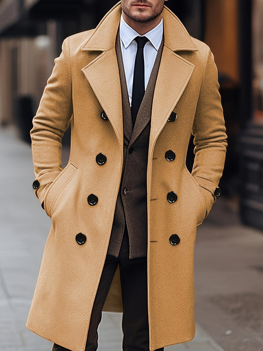 Men's Double Breasted Lapel Black & Earth Yellow Coat,