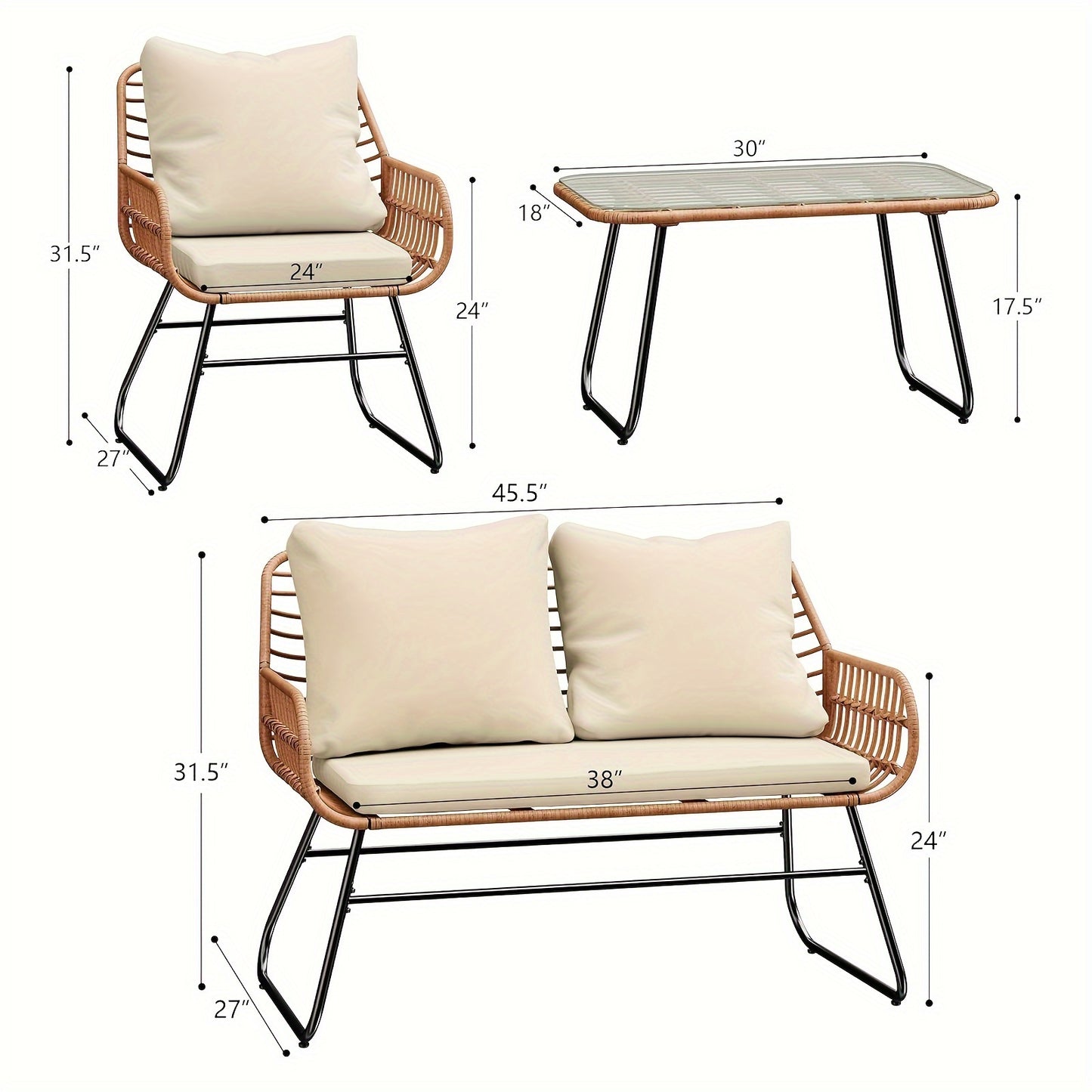 4-Piece Rattan Patio Furniture All-Weather Loveseat, Chairs, And Table.