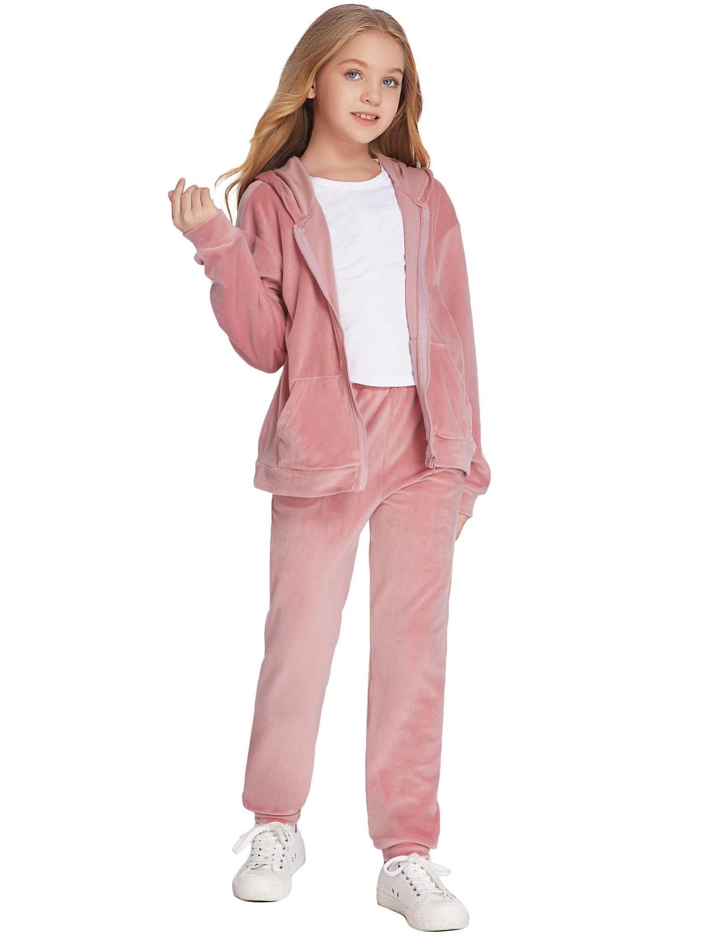 2pcs Adorable Girls' Autumn/Winter Solid Color Hoodie and Pants.