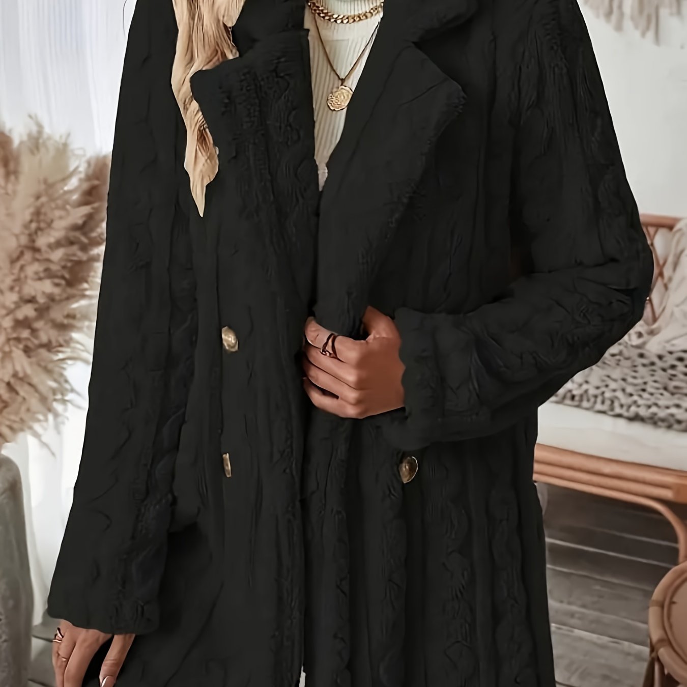 Elegant Women's Black Double-Breasted Coat with Faux Fur Collar.