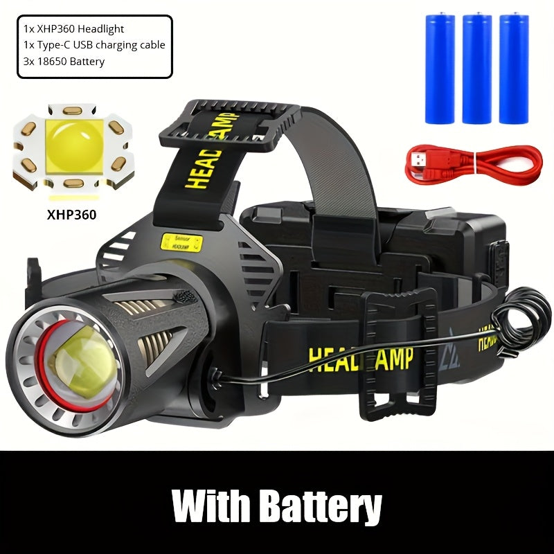 XHP360 Ultra-Bright LED Headlamp with 36 LEDs, 7800mAh Rechargeable Battery,