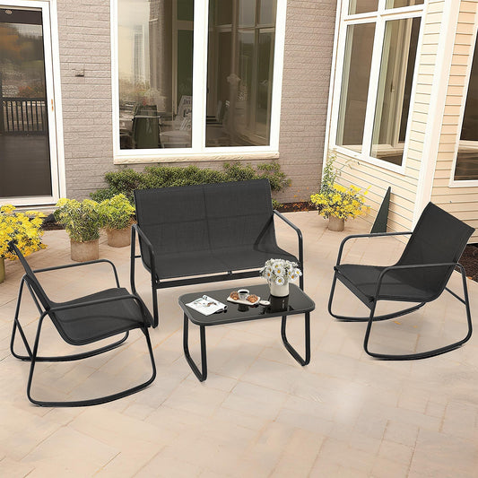 Patio Bistro Set: 4pcs Rocking Chairs, Glass Table.