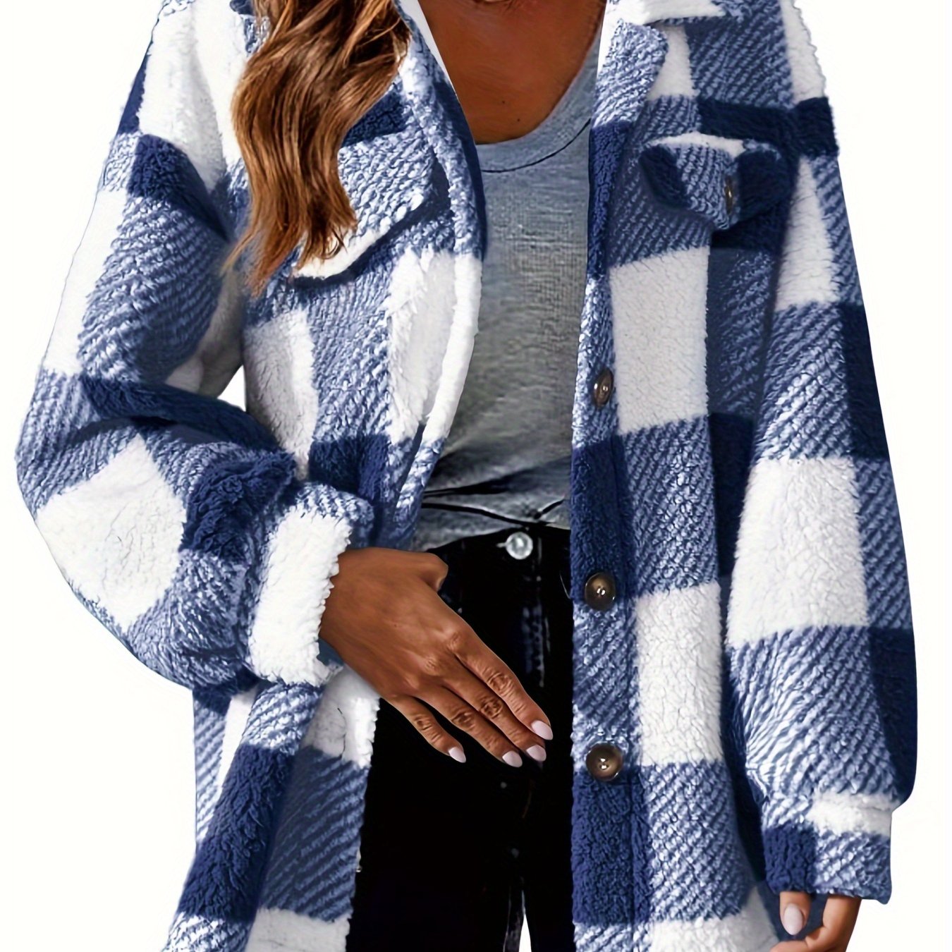 Women's Cozy Plaid Jacket Long Sleeve, Button-Up Collar.