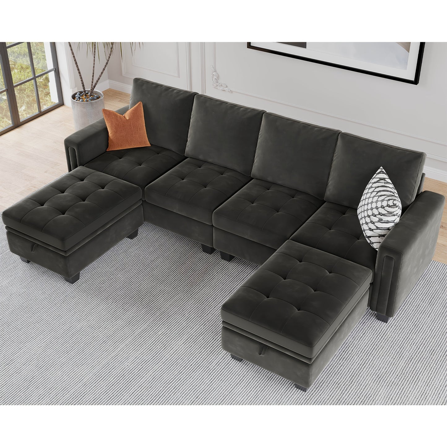 Velvet U-Shaped Convertible Sectional Sofa w/ Storage Ottomans
