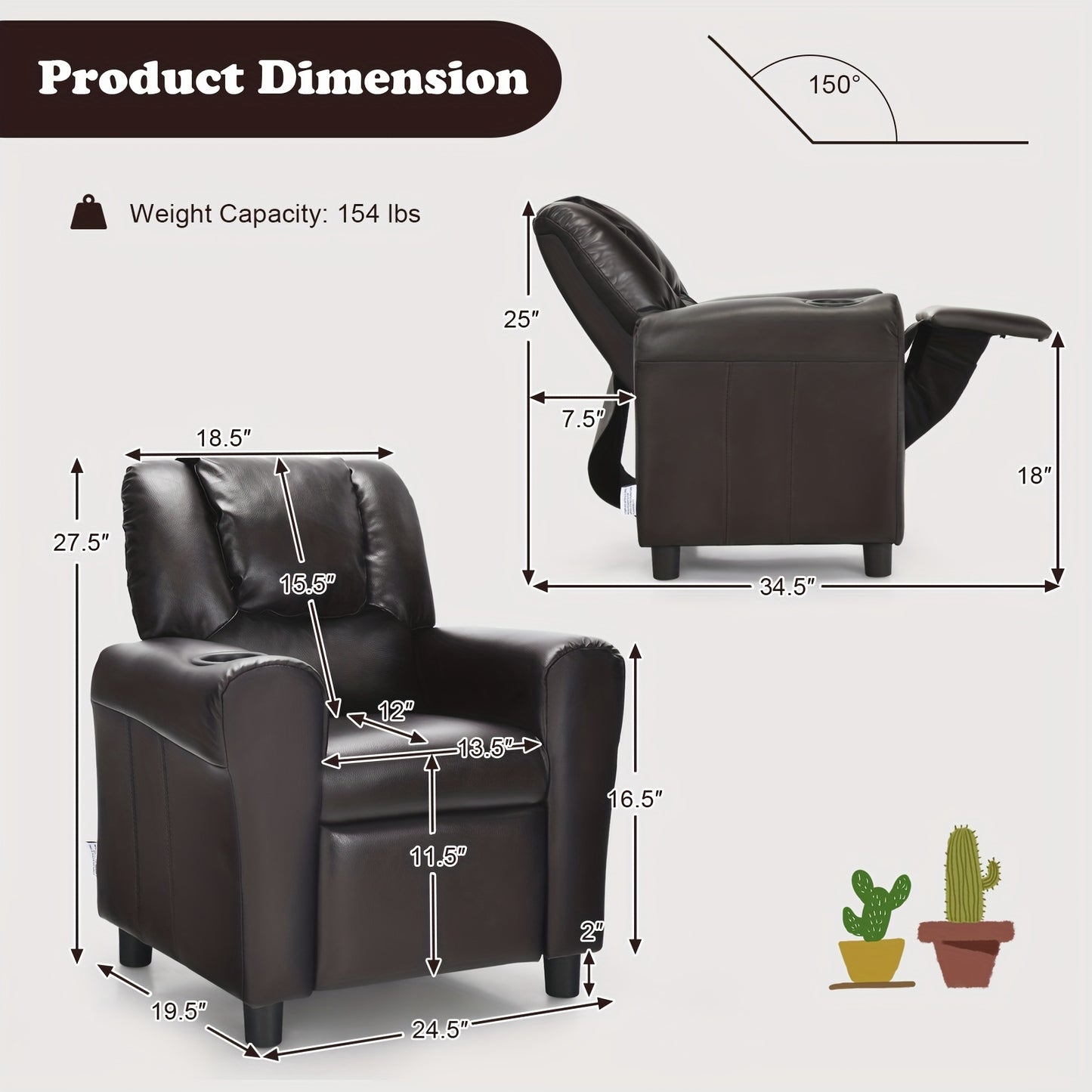 Kids Recliner Chair PU Leather Armrest Sofa w/Footrest Cup Holder Brown
