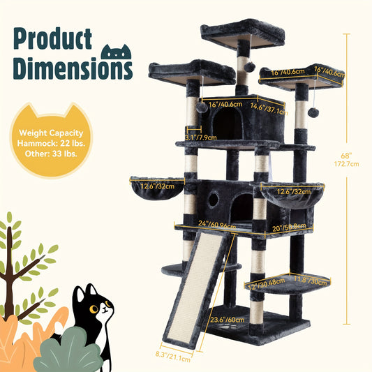 68-Inch Multi-Level Cat Tree Tower for Large Cats