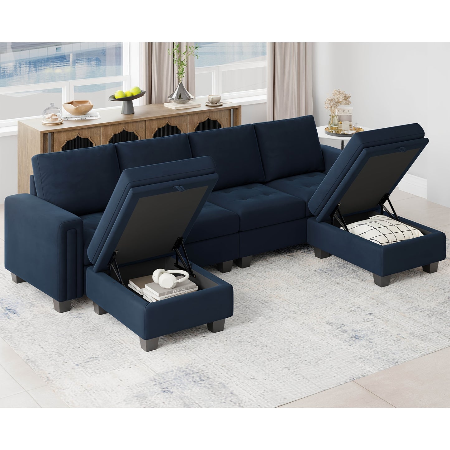 Velvet U-Shaped Convertible Sectional Sofa w/ Storage Ottomans