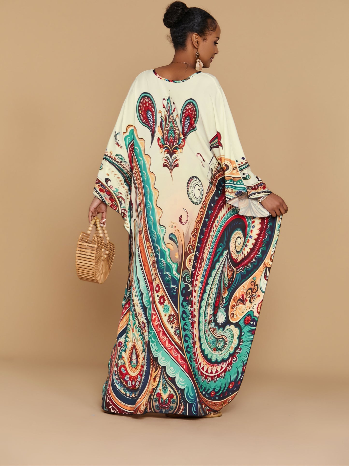 Women's V-Neck Long Sleeve Kaftan Dress - Floral Print.