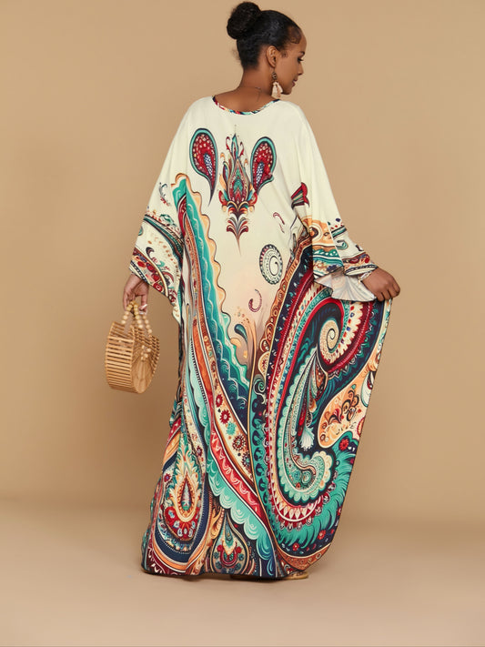 Women's V-Neck Long Sleeve Kaftan Dress - Floral Print.