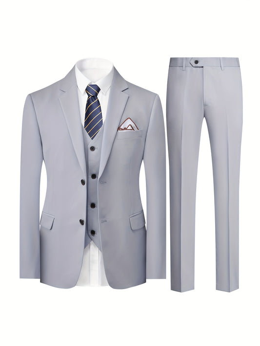 3-Piece Men's Classic Dress Suit, Single-breasted Jacket + Vest + Trousers.
