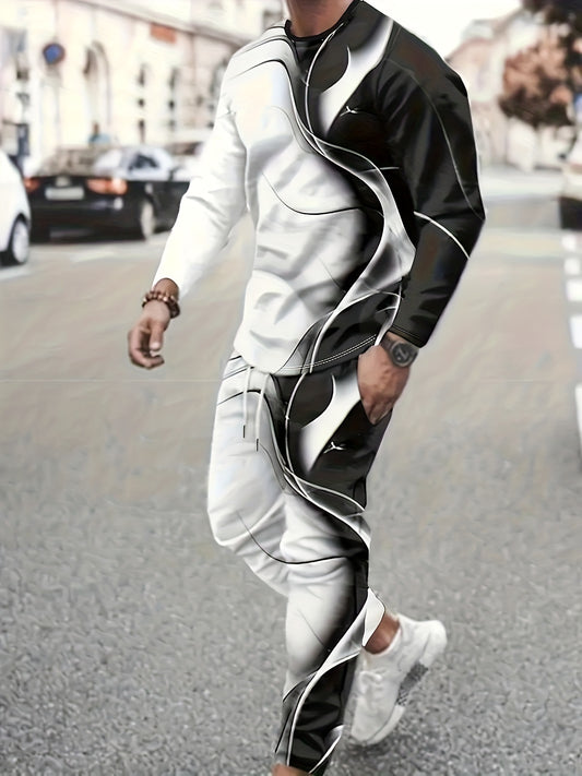 Black And White Men's Casual Crew Neck Long Sleeve T-Shirt And Drawstring Sweatpants