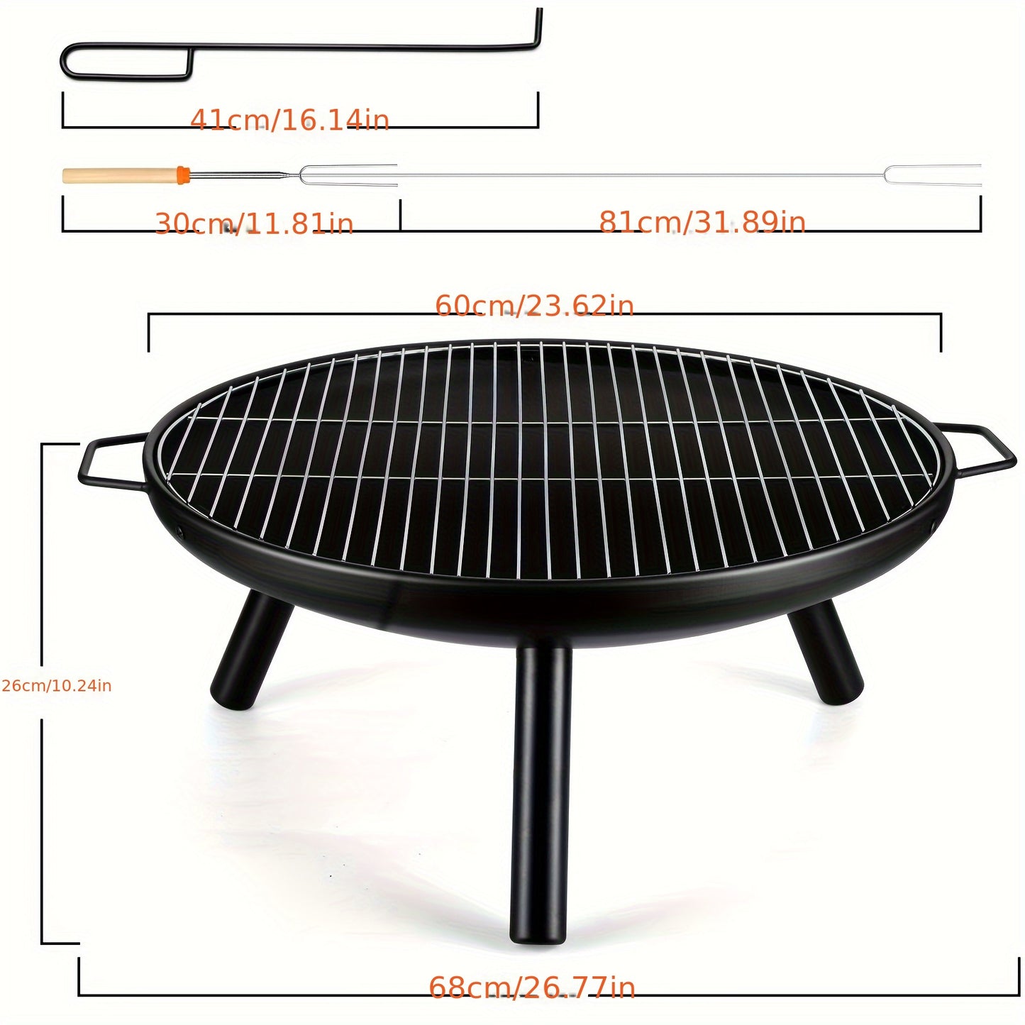 Steel Fire Bowl with Grill and 5 BBQ Skewers.