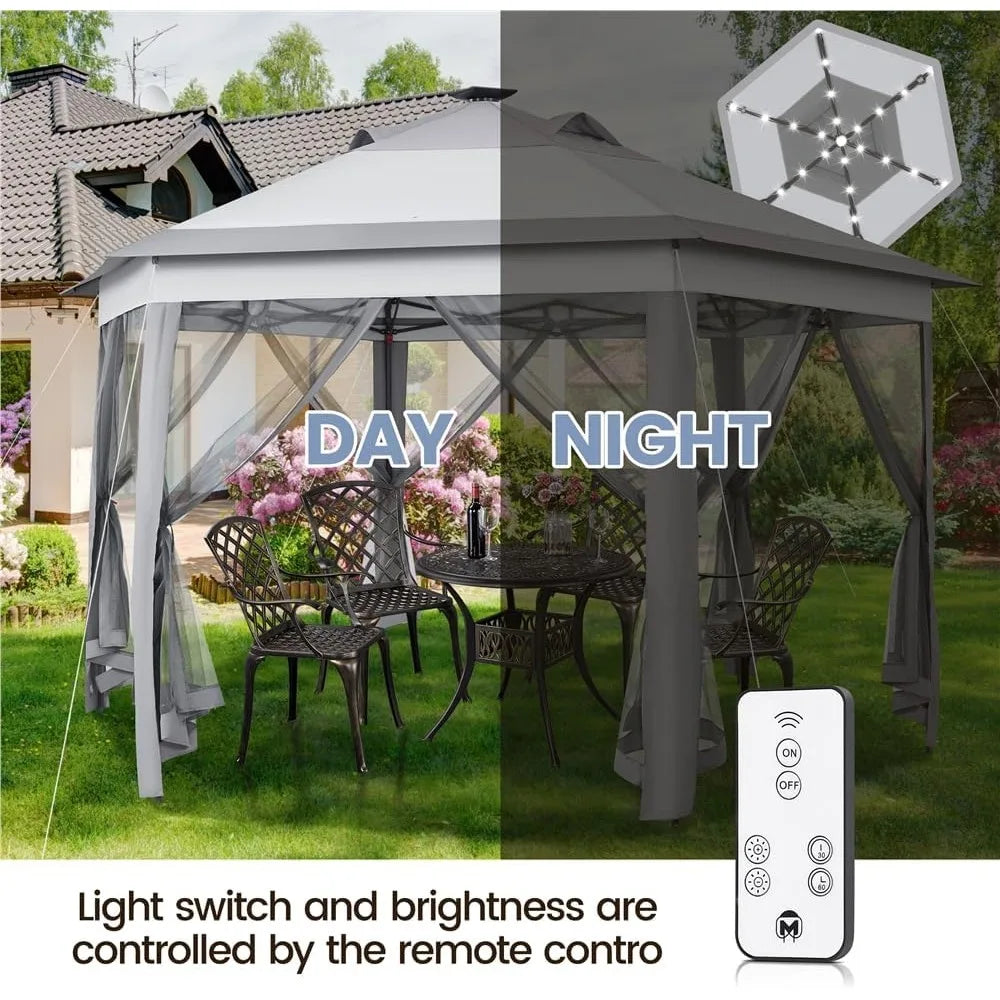 Pop Up Patio Gazebo with Mesh Sides and Solar LED Lights 13×13