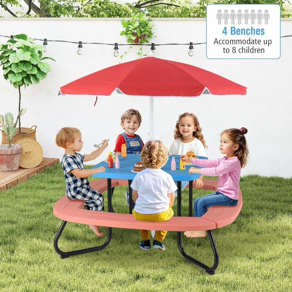 Kids Picnic Table Set with Umbrella and 4 Built-in Benches