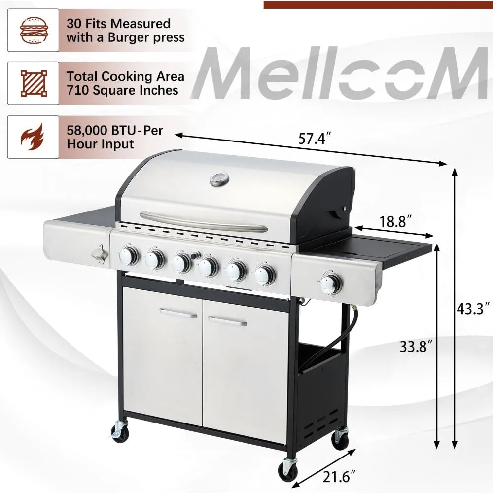 4 And 6 Burner BBQ Propane Gas Grill, 58,000 BTU Stainless Steel.