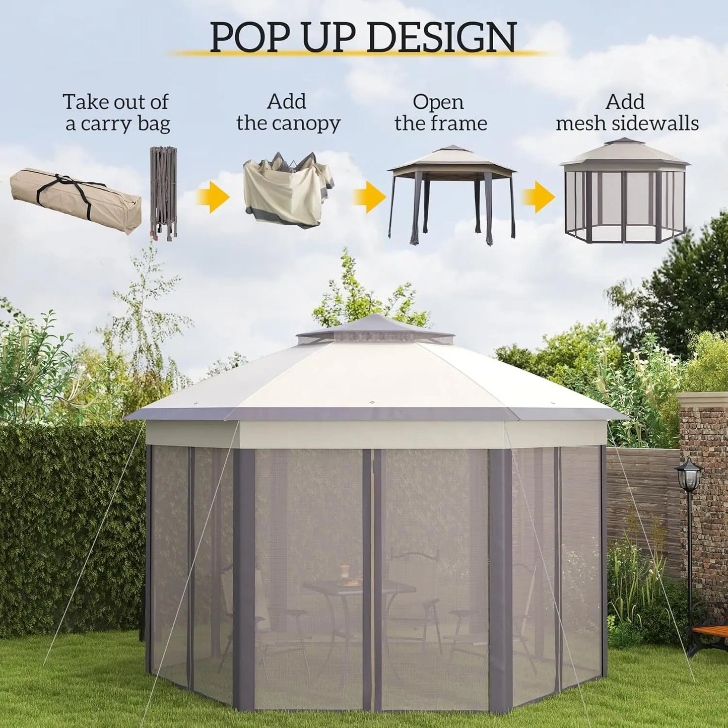 13' x 13' Pop Up Gazebo, Hexagonal Canopy Shelter