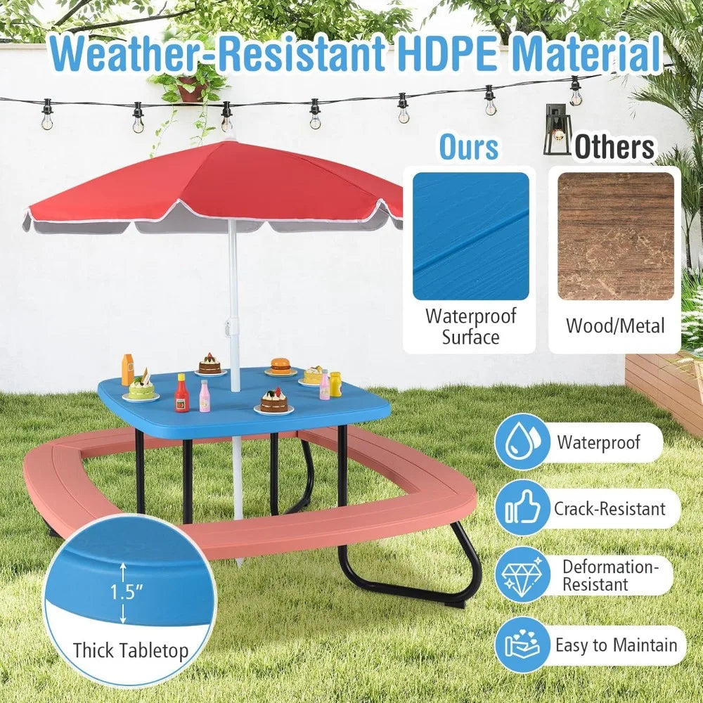Kids Picnic Table Set with Umbrella and 4 Built-in Benches