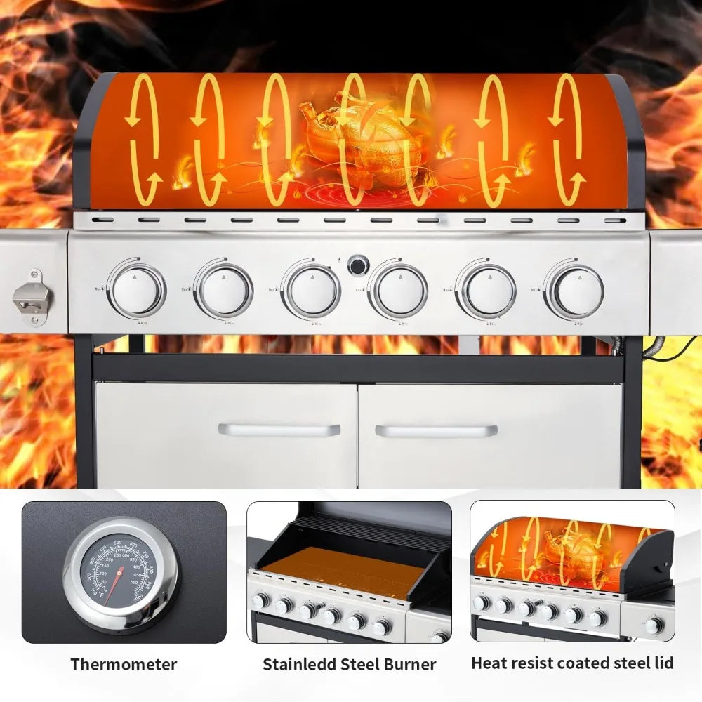 4 And 6 Burner BBQ Propane Gas Grill, 58,000 BTU Stainless Steel.