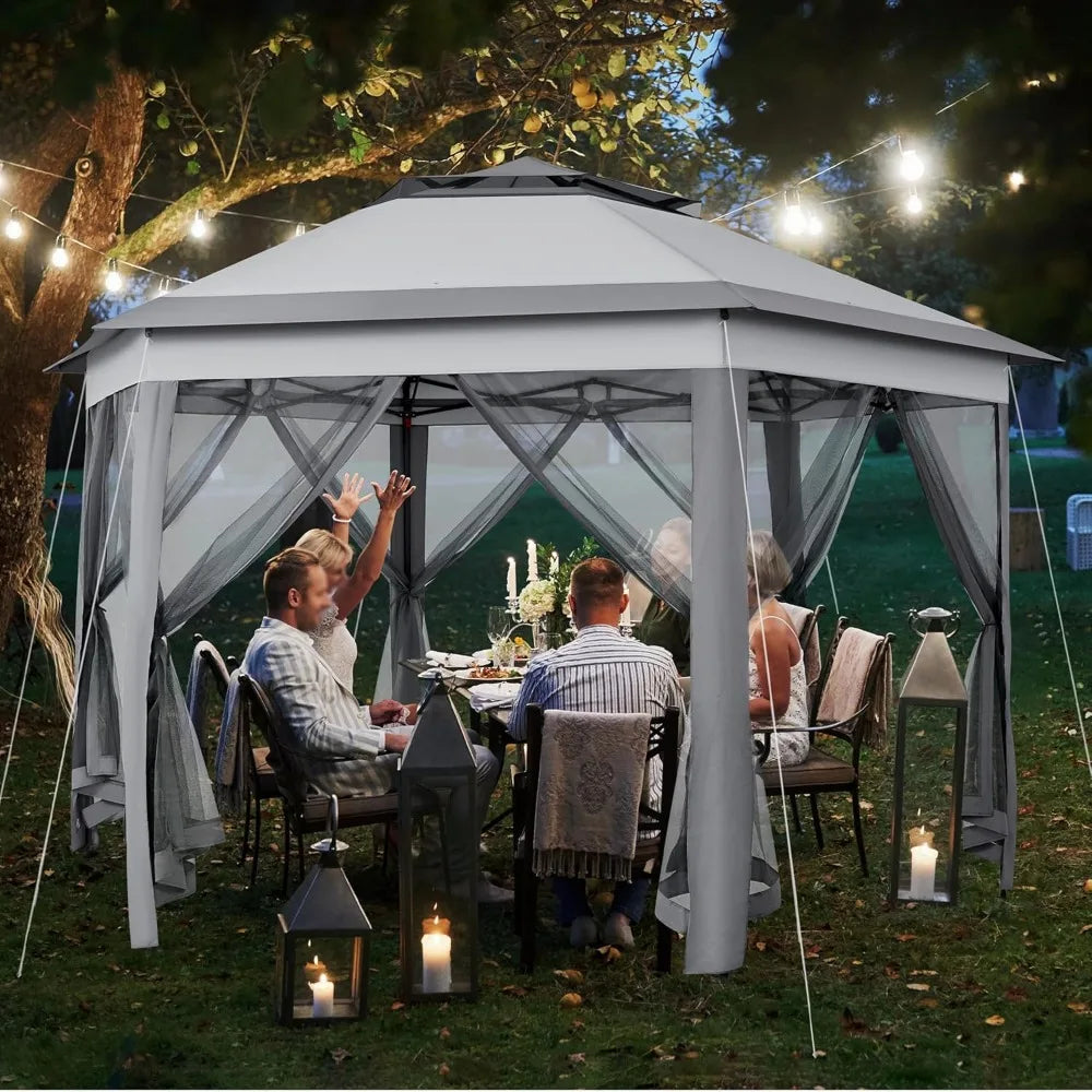 Pop Up Patio Gazebo with Mesh Sides and Solar LED Lights 13×13