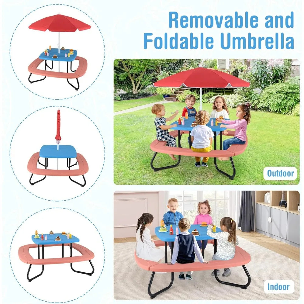 Kids Picnic Table Set with Umbrella and 4 Built-in Benches