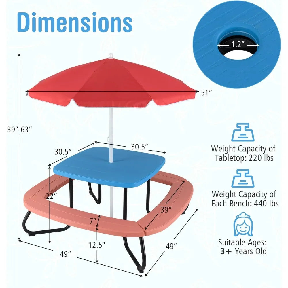 Kids Picnic Table Set with Umbrella and 4 Built-in Benches