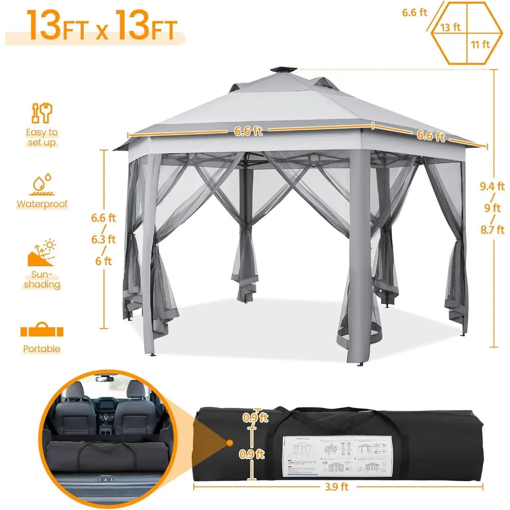 Pop Up Patio Gazebo with Mesh Sides and Solar LED Lights 13×13