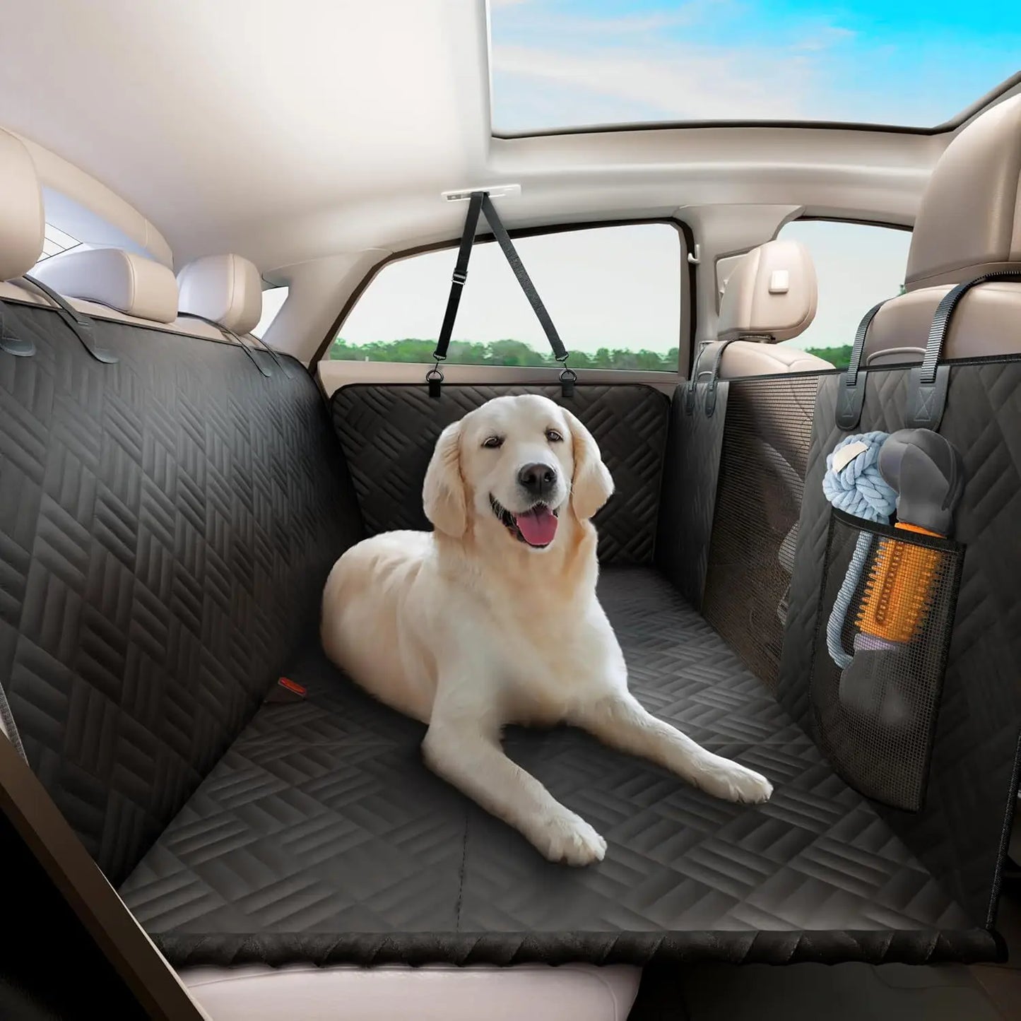 Dog Car Seat Cover for Back Seat, Hard Bottom Black.