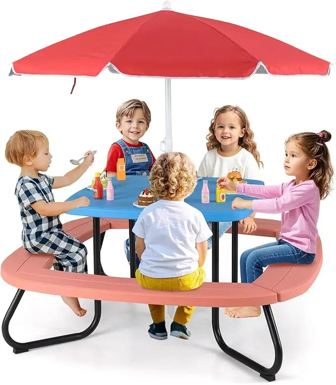 Kids Picnic Table Set with Umbrella and 4 Built-in Benches