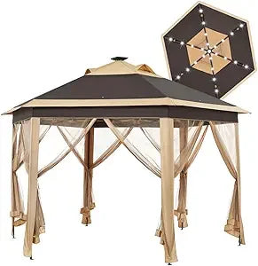 Pop Up Patio Gazebo with Mesh Sides and Solar LED Lights 13×13