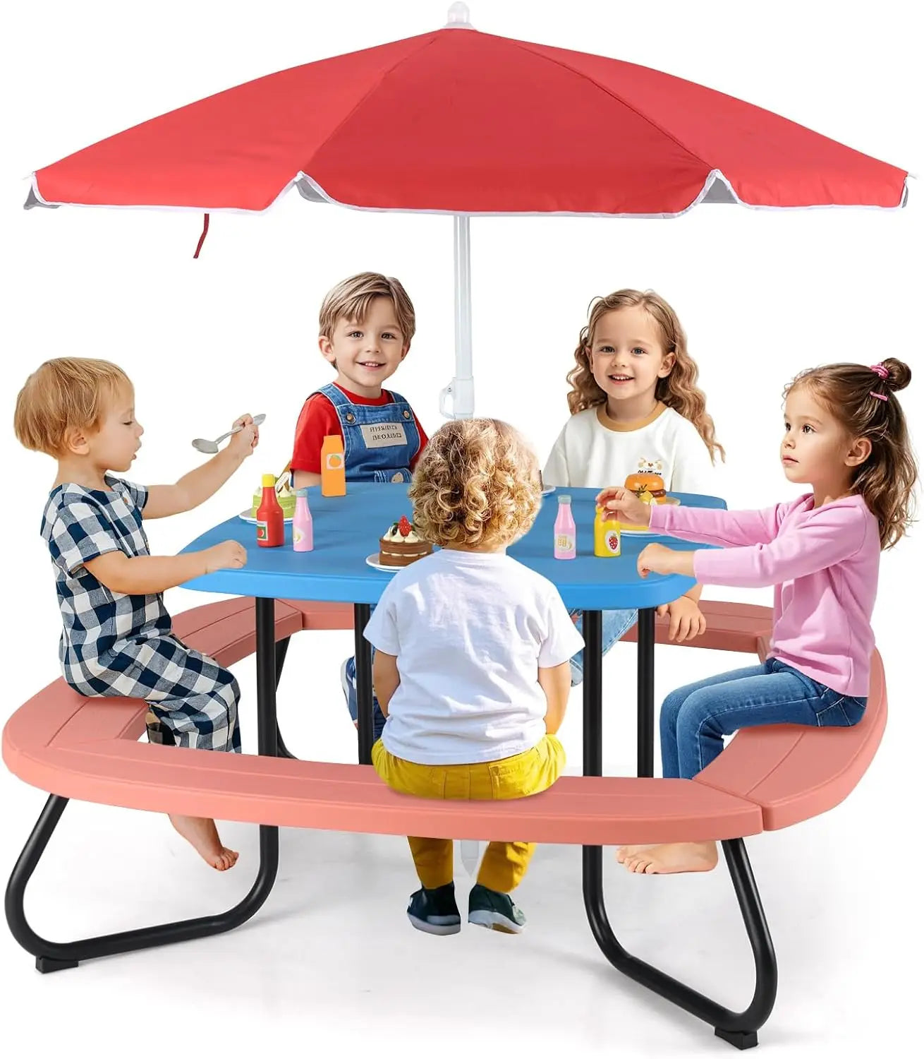 Kids Picnic Table Set with Umbrella and 4 Built-in Benches