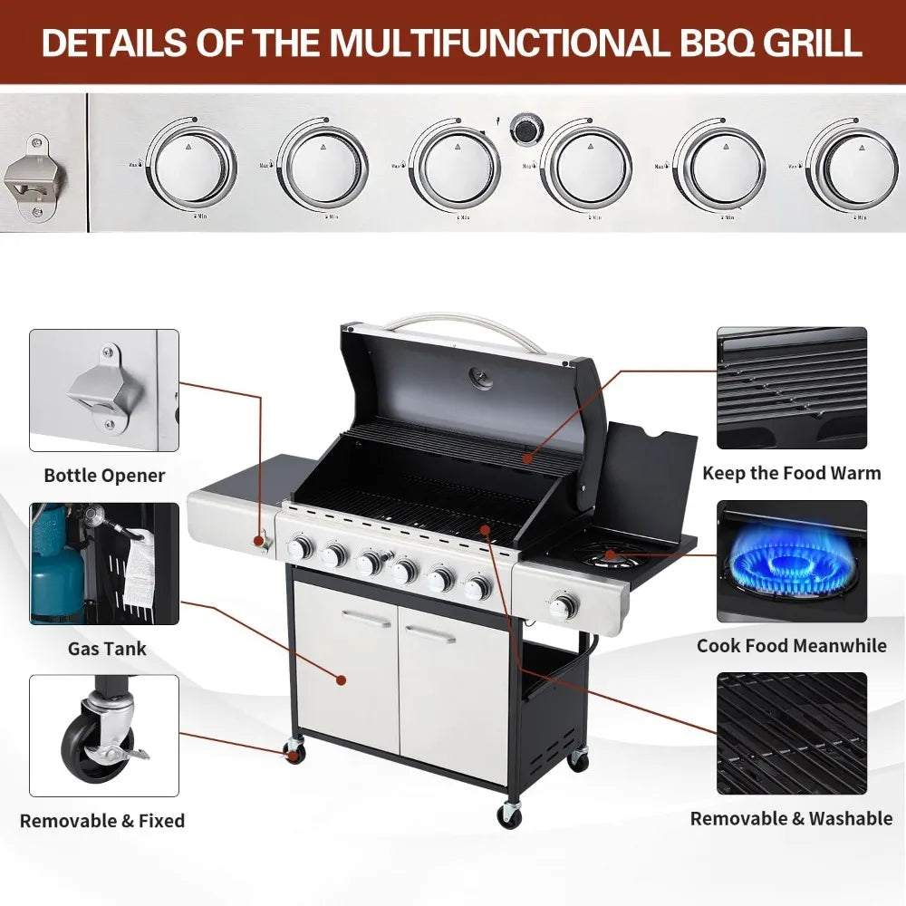 4 And 6 Burner BBQ Propane Gas Grill, 58,000 BTU Stainless Steel.