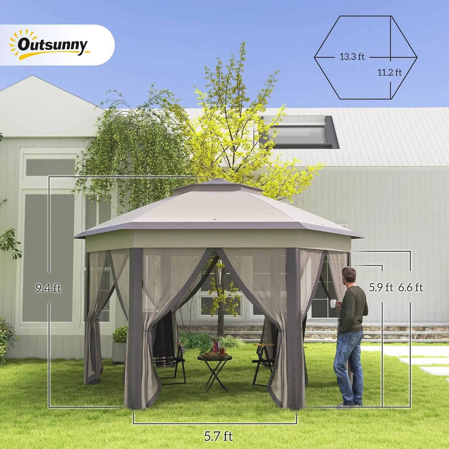 13' x 13' Pop Up Gazebo, Hexagonal Canopy Shelter