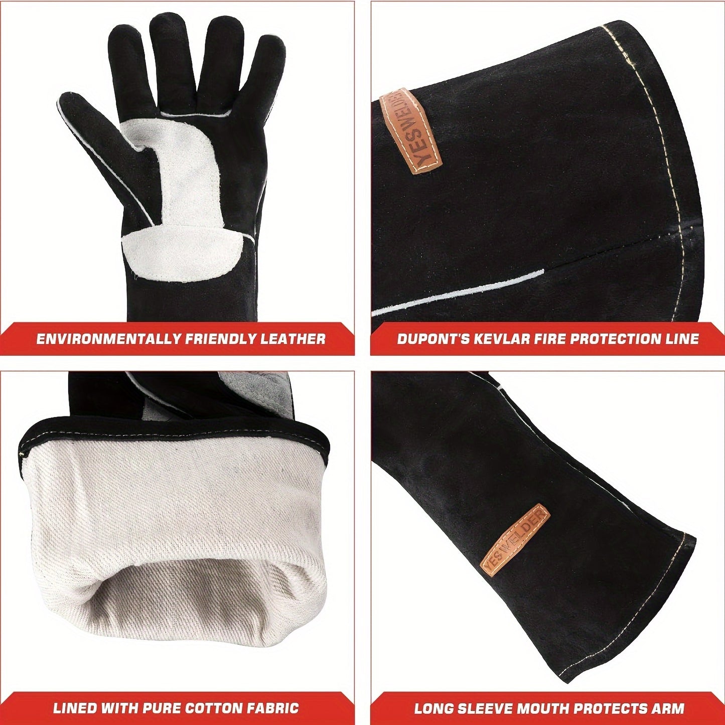 Heat Resistant Leather Work Gloves, BBQ, Kitchen