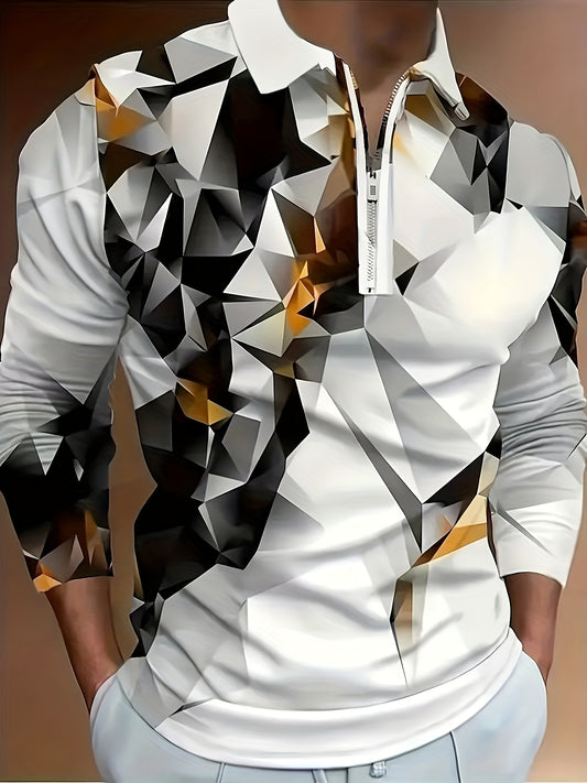 3D Men's Long Sleeved Shirt Lapel Collar Metal Zipper