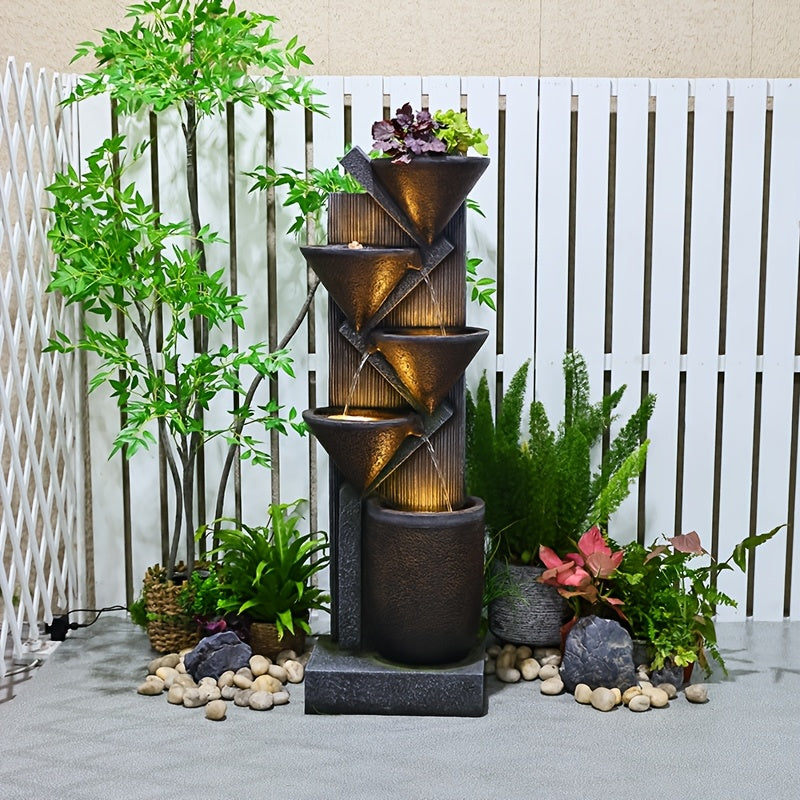 49.6-Inch Tiered Bowl Outdoor Water Fountain with Lights