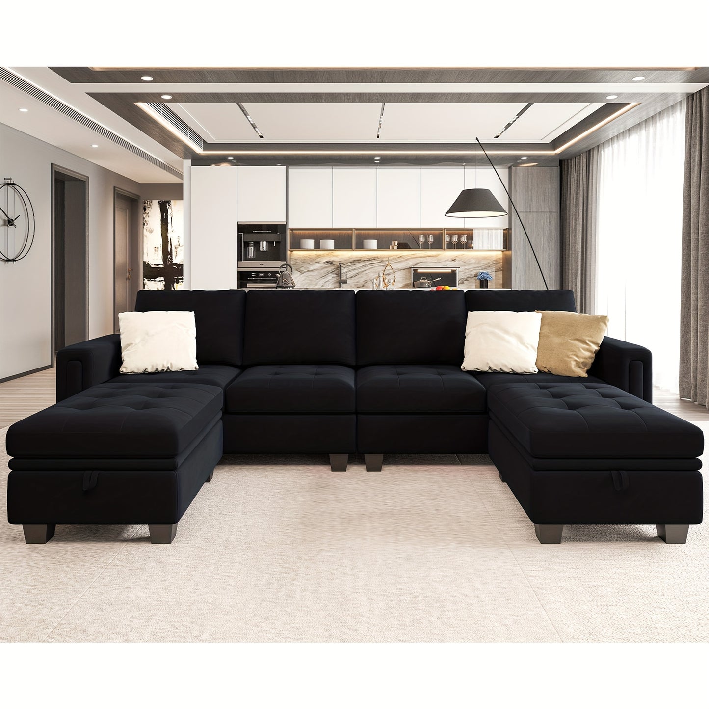 Velvet U-Shaped Convertible Sectional Sofa w/ Storage Ottomans