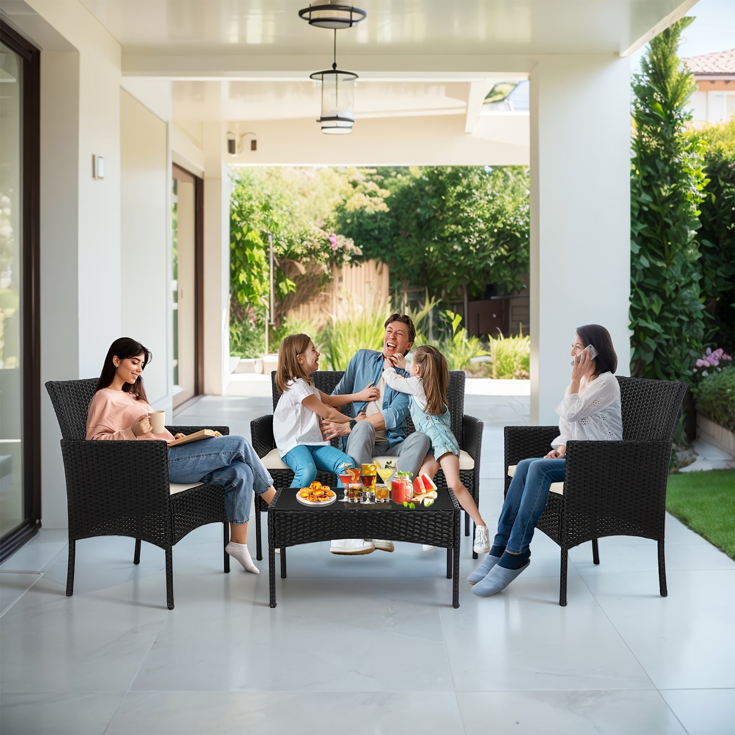 4pcs Outdoor Patio Furniture Sets, w/ Glass Coffee Table,