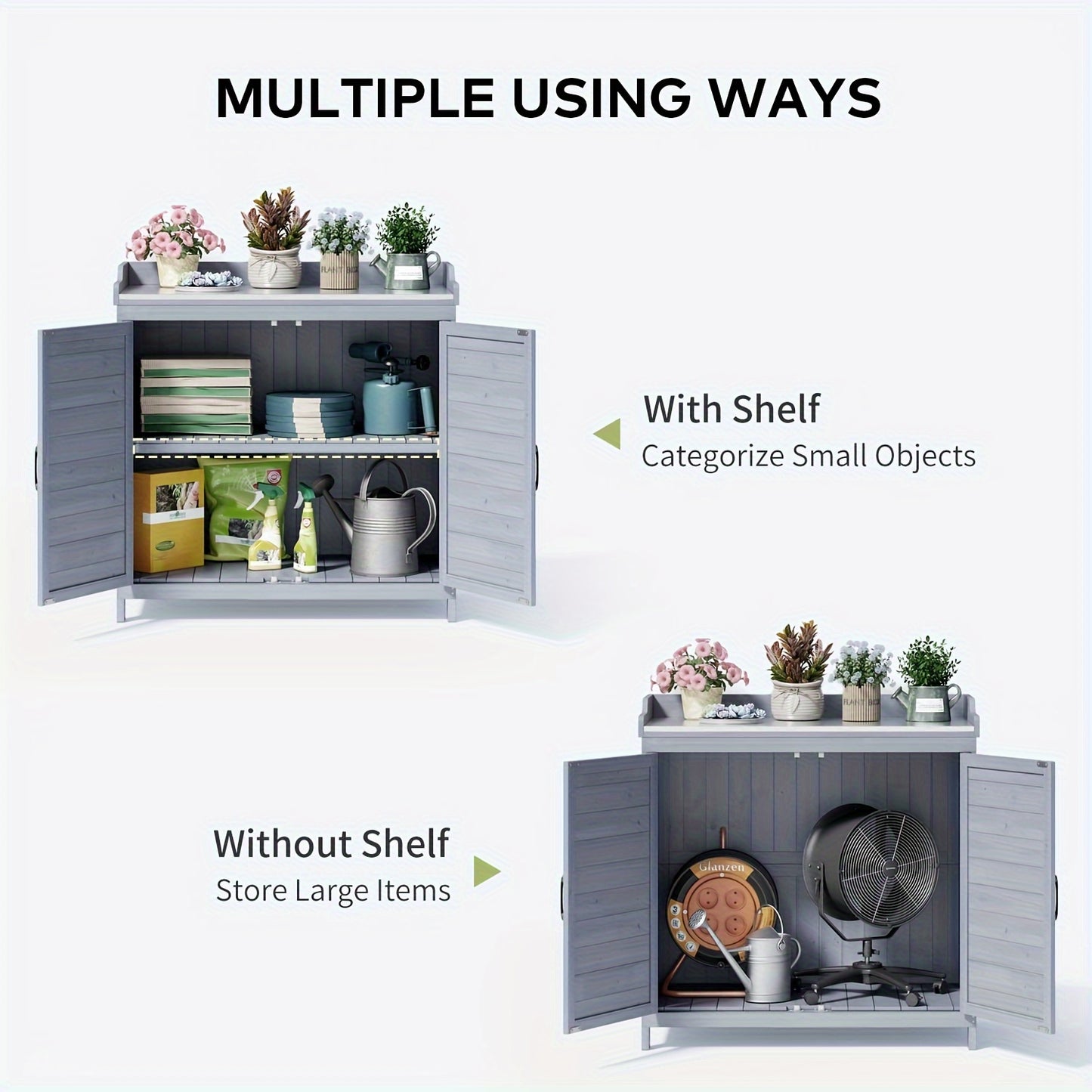 Outdoor Potting Bench Metal Tabletop, Adjustable Shelf, Work Station.