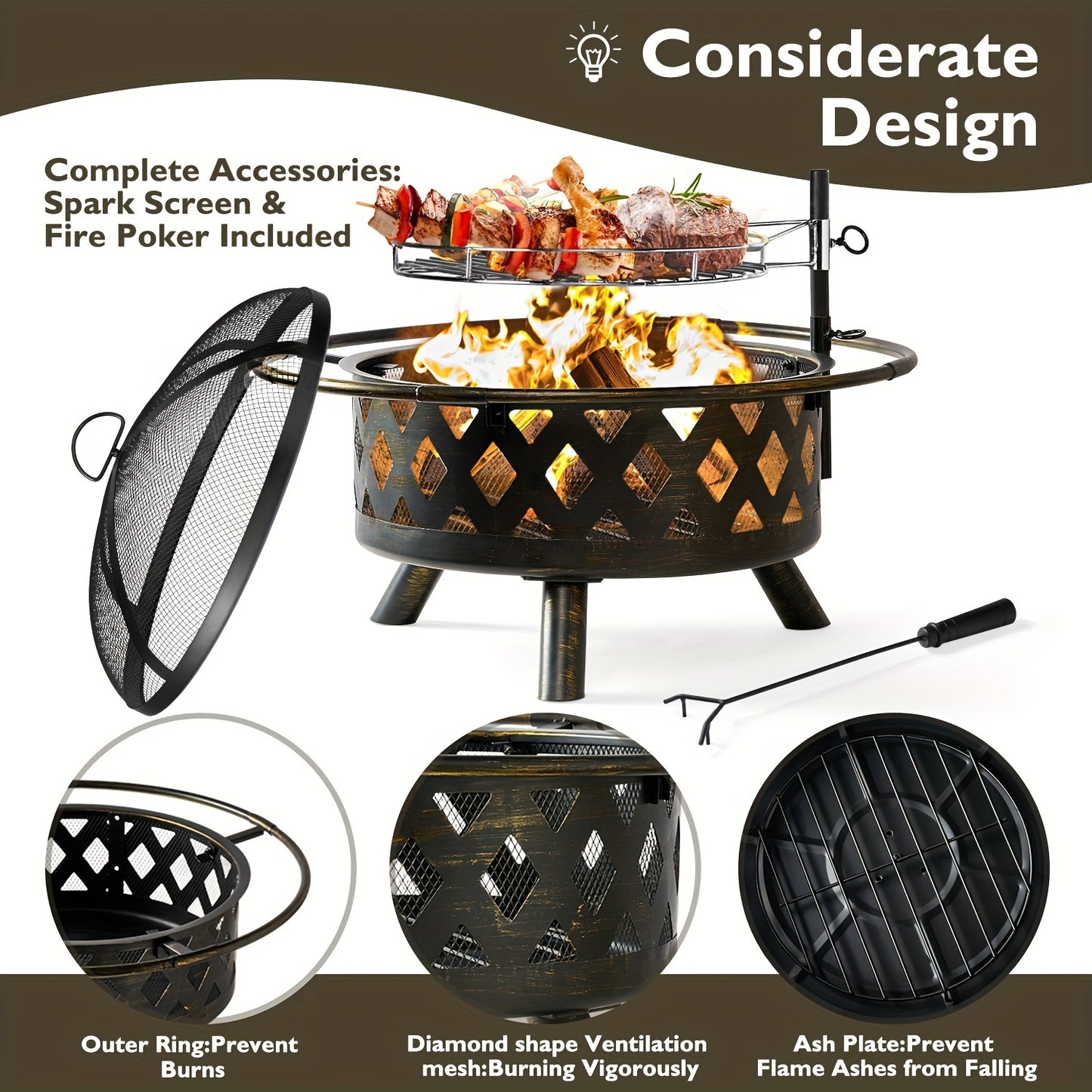 30 Inch Fire Pits For Outside With Grill Swivel BBQ Grill. see more