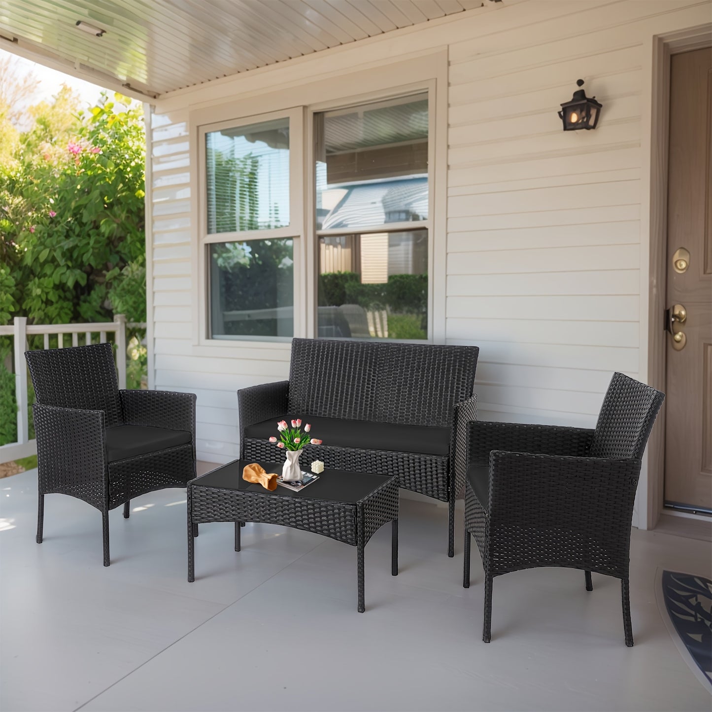 4pcs Outdoor Patio Furniture Sets, w/ Glass Coffee Table,