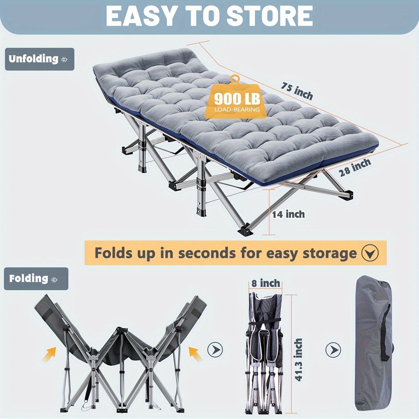 Folding Camping Cot Bed With 2-Side Mattress,