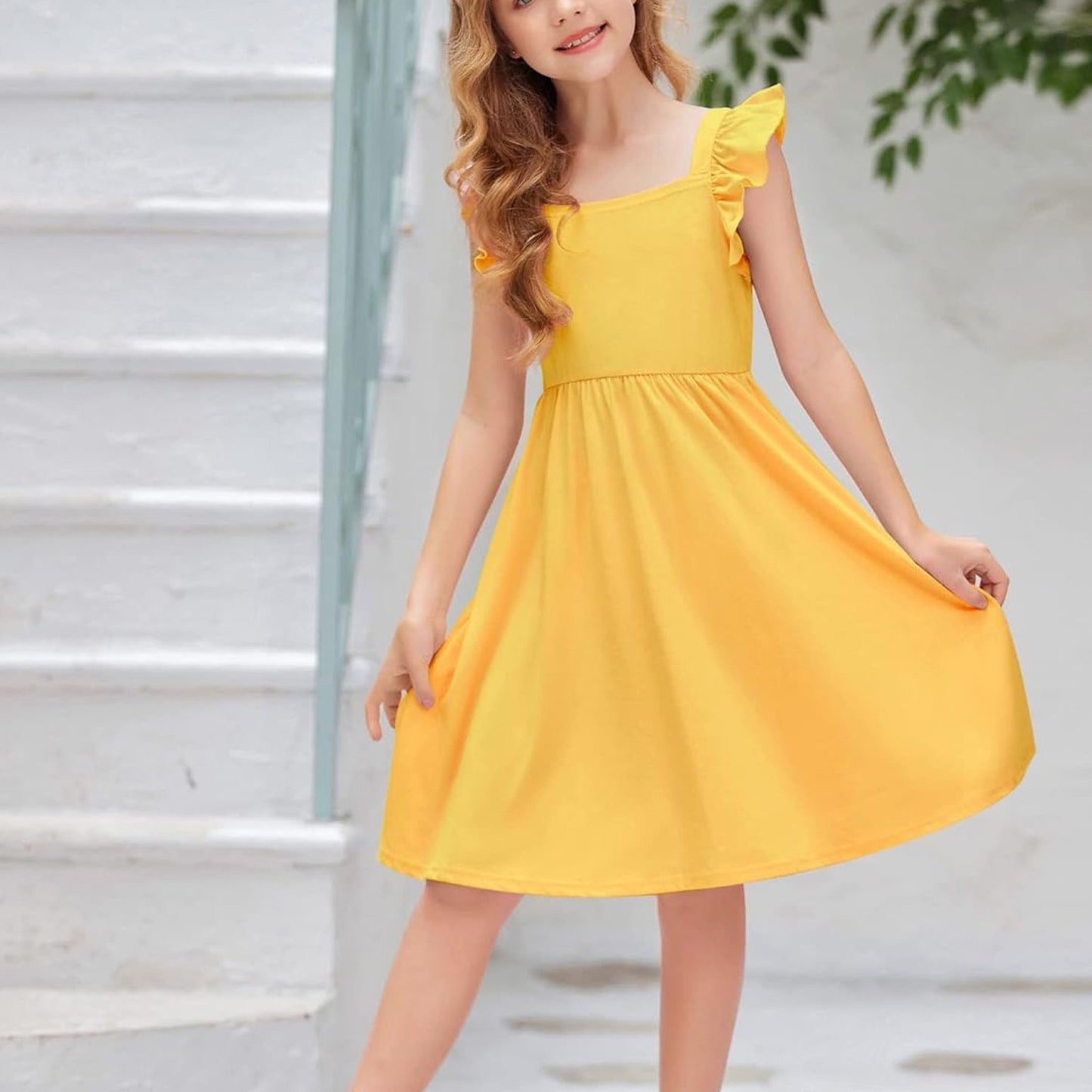 Girls Summer Midi Dress with Ruffle Sleeves and Pockets