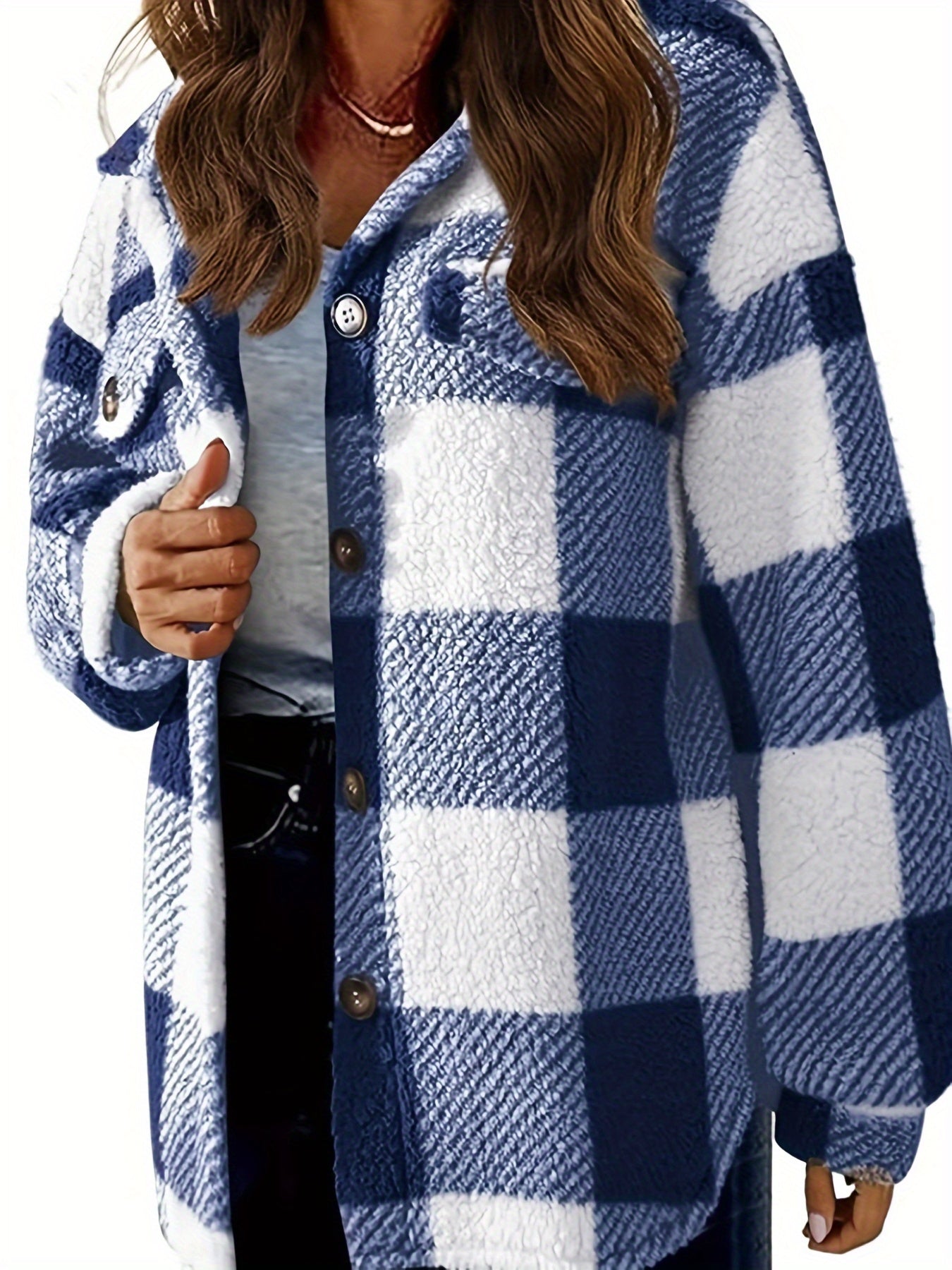 Women's Cozy Plaid Jacket Long Sleeve, Button-Up Collar.