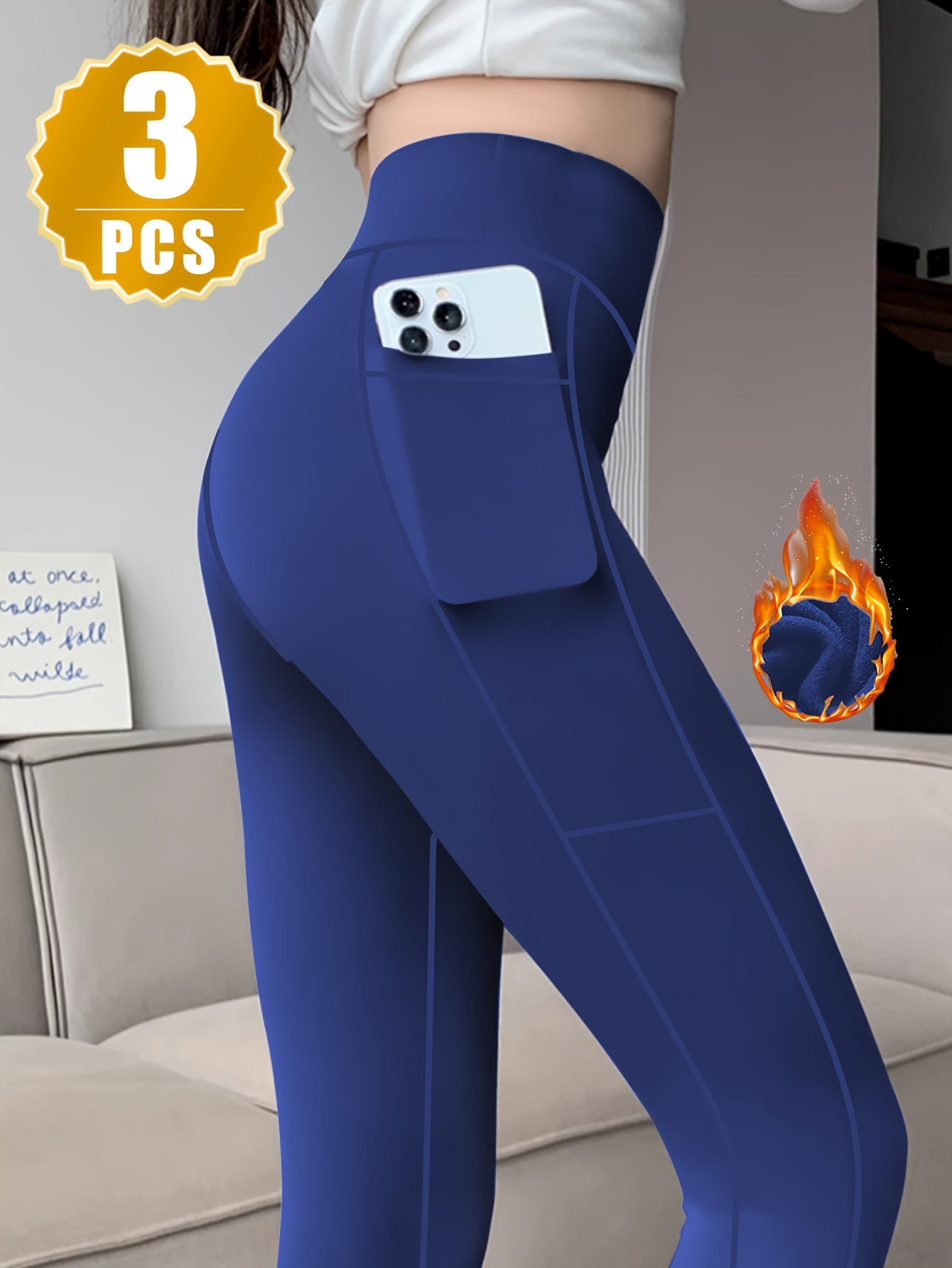 Ladies High Waist Plus Fleece Casual Leggings, 3-piece Set Leggings.